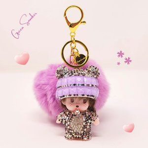 Keychain, Cute Monchichi Fur Ball Pompom.